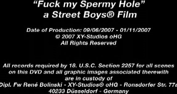 "Martin Brawer , Leo Cooper , Daniel Copperfield , Miguel deSanchuez , Mika Gate , Ian Lander , Andre Lopes , Alex Martyn , Gerry Owan , Peer Paulus , Denis Reed , Tom Smith , Lucky Taylor"Fuck My Spermy Hole XY-Studios, Street Boys Studios