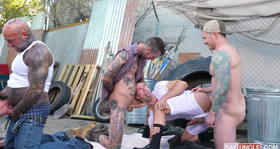 "Buck Richards, Eddie Patrick, Greyson Myles, Masculine Jason, Ryan Sebastian, Derek Cage" Rimming, Blowjob, Bareback, Group, Orgy, Outdoors, Anal Sex, DAP, Cumshot, Tattoos Double Wide Part 5 GayRip