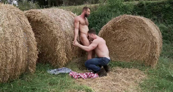 Watch Bulrog dominate and fuck behind the Hay Bales in a wild bareback orgy!